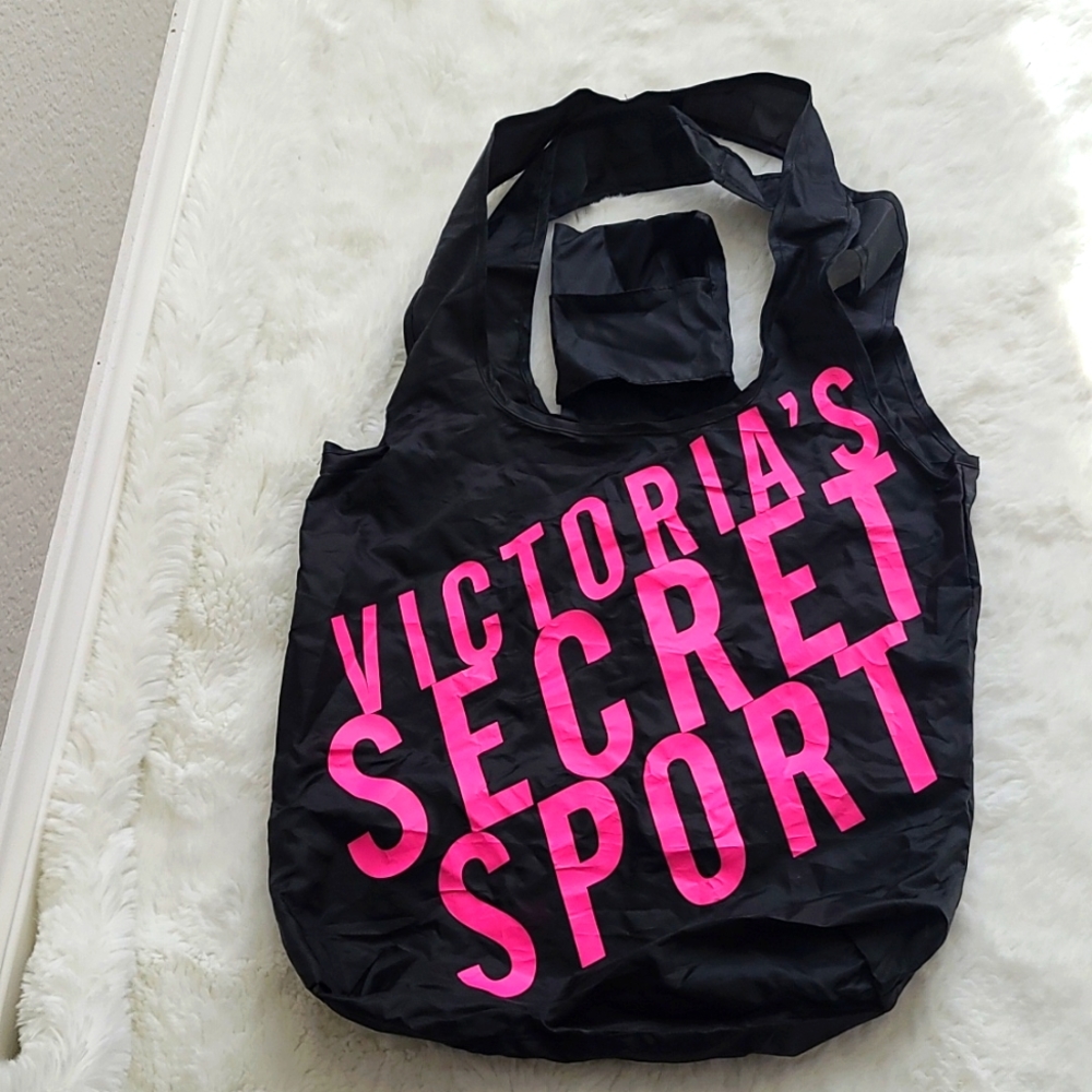 Victoria's Secret Travel Bag, folds into small square for purse. Black & pink